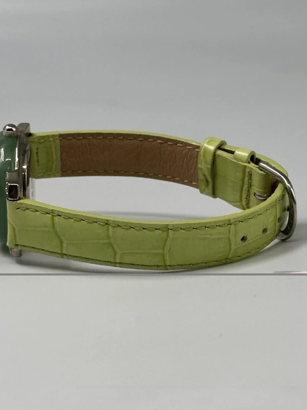 Precious Time Watch Women Silver Tone Green Leather Band New Battery 9 Inch